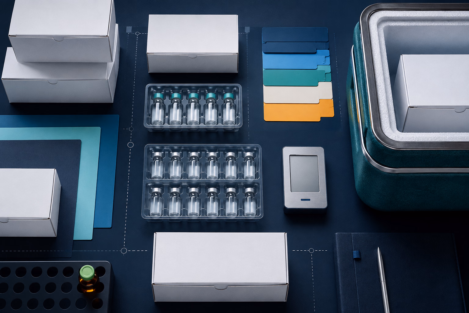 Conceptual clinical supply planning scene with unbranded pharmaceutical materials