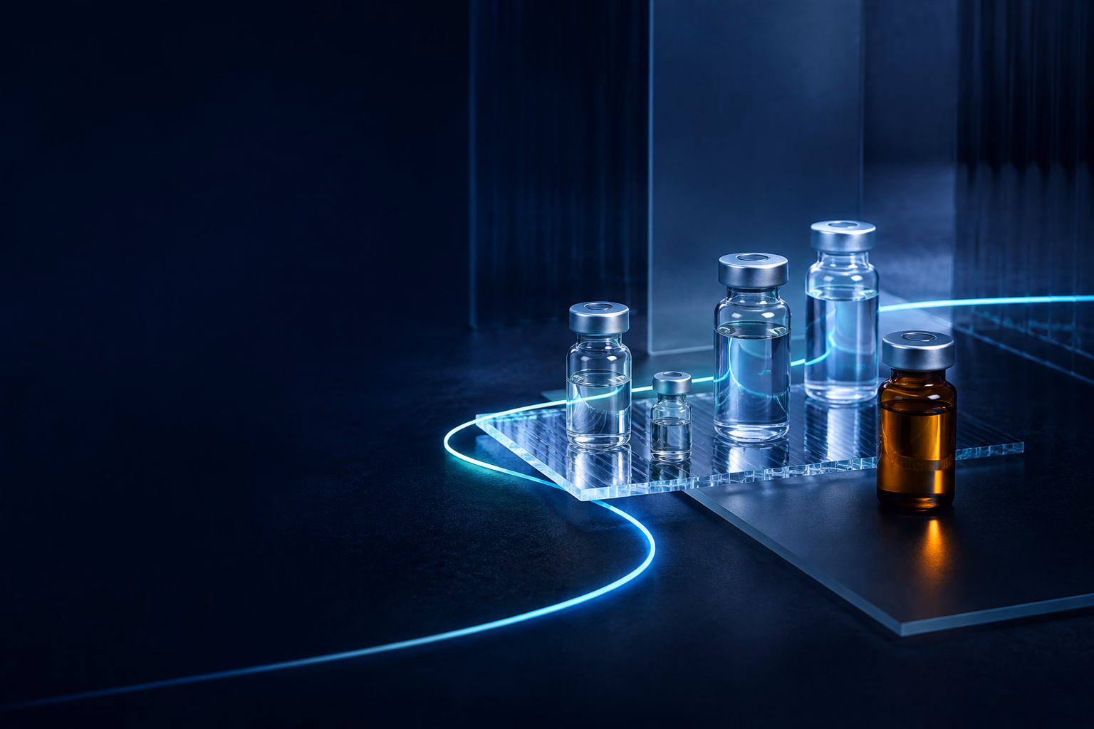 Conceptual unbranded medicine vials connected by a precise illuminated path