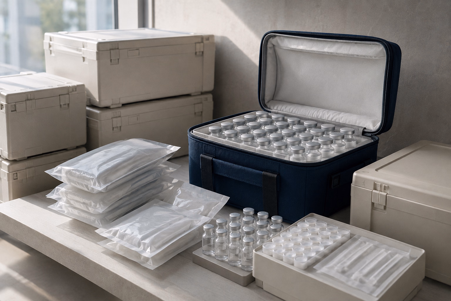 Conceptual arrangement of blank medical supply packs, unbranded vials and protective transport cases
