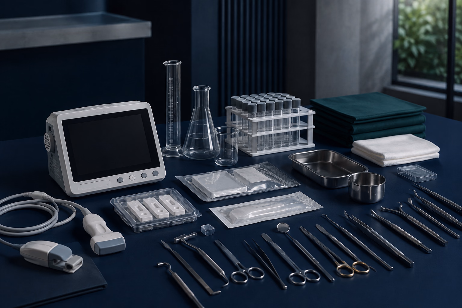 Conceptual arrangement of unbranded medical products and diagnostic equipment representing specification-led sourcing