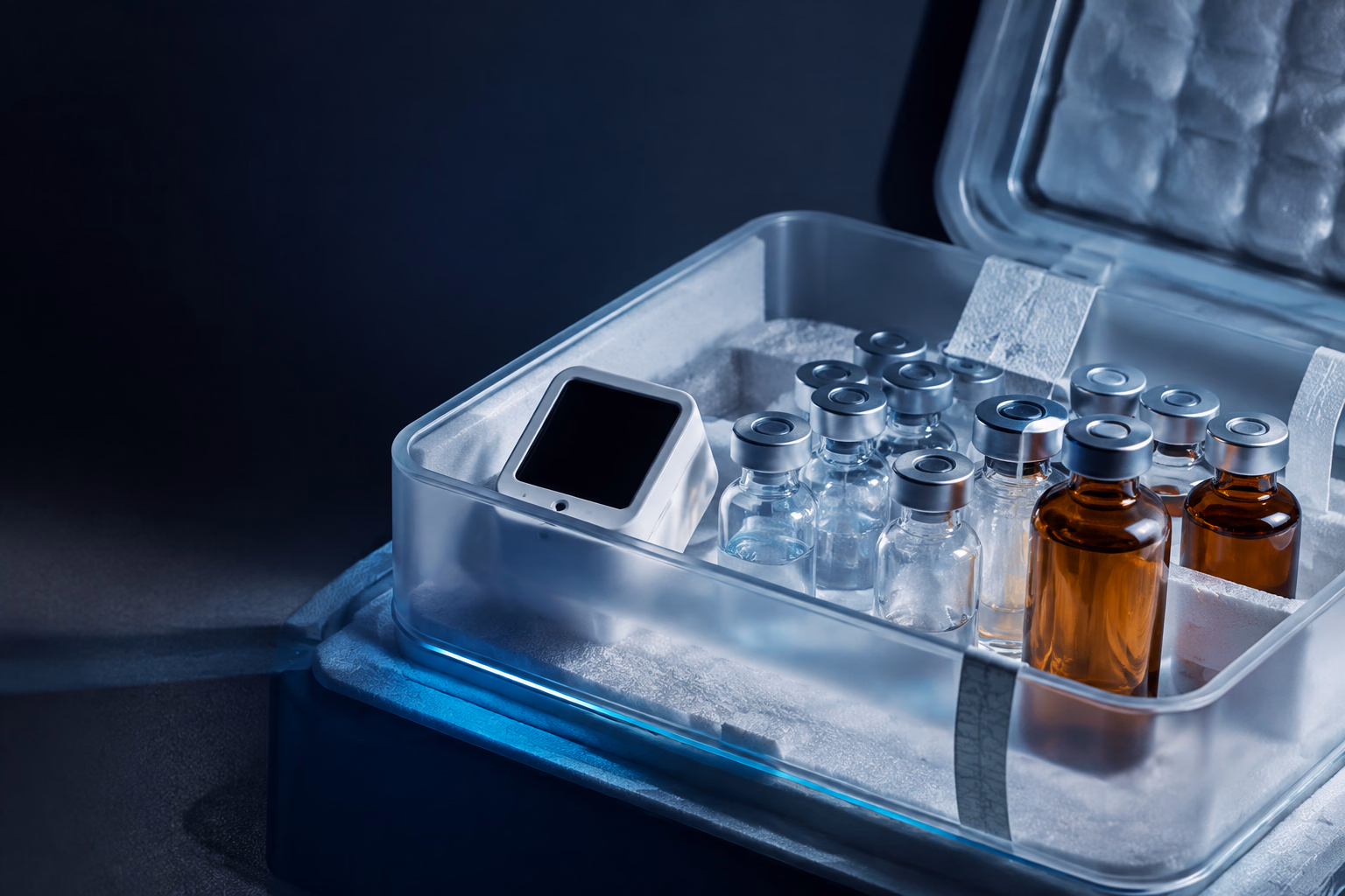 Concept image of unbranded pharmaceutical vials in a controlled transport container