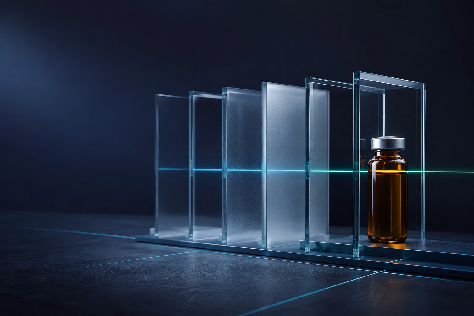 Conceptual unbranded amber medicine vial aligned behind a series of transparent review frames
